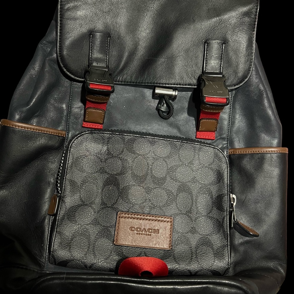 Coach Black Leather & Signature Canvas Backpack with Red Accents